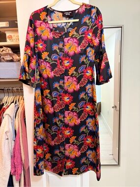 Johnny Was Silk Black Floral Button-Front Midi Dress